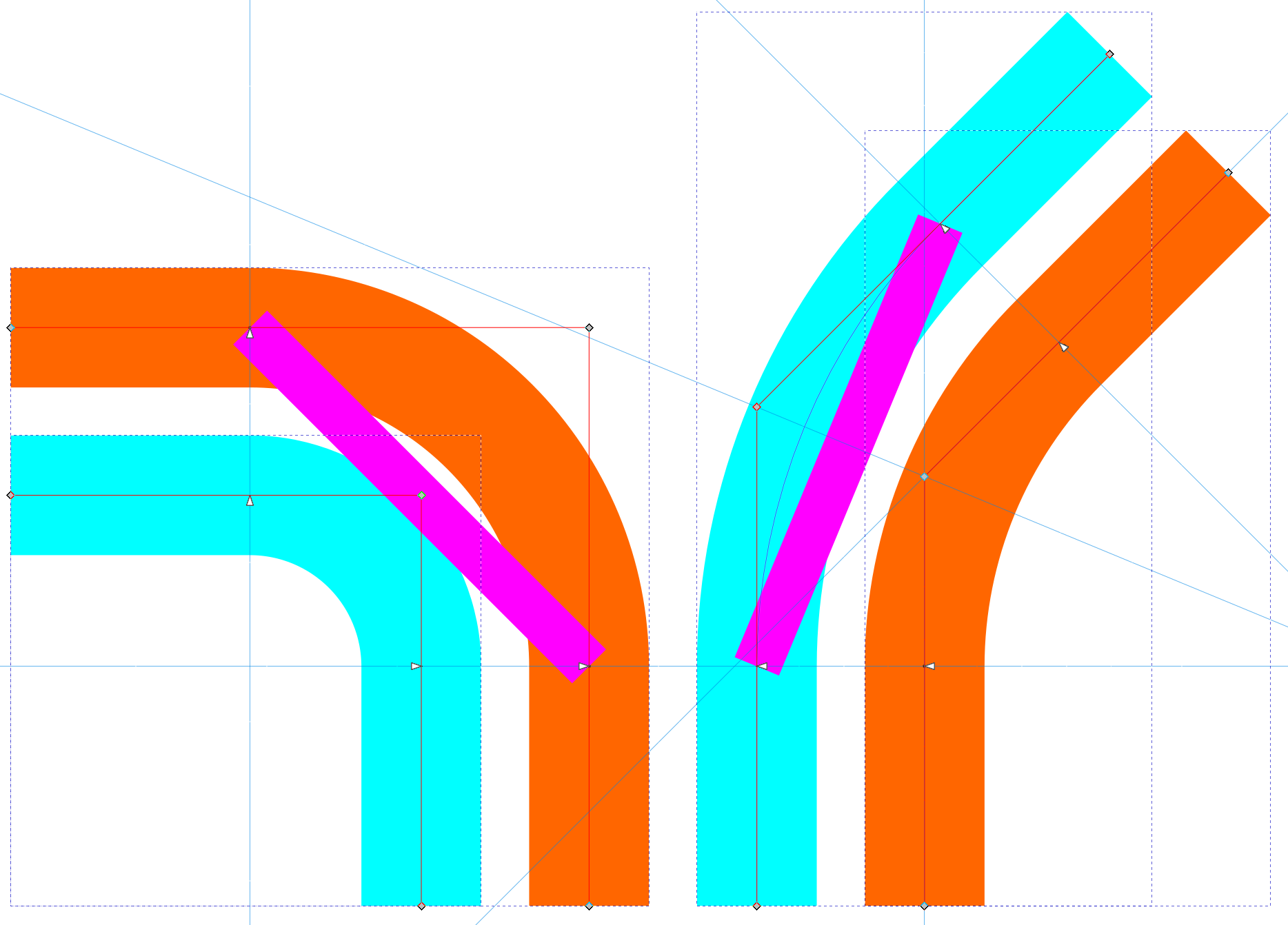 Several 45- and 90-degree curves placed in parallel and ruled according to the principles above